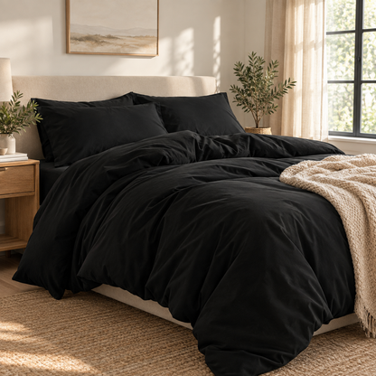 Solid Microfiber Duvet Cover Set, Black — scene