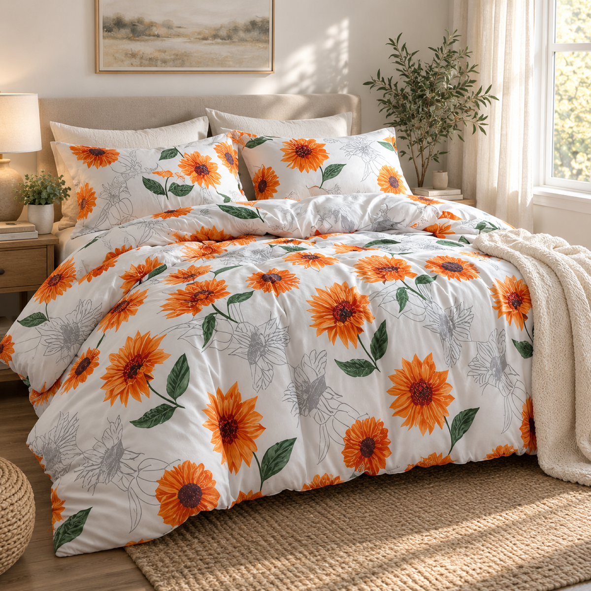 Sunflower Microfiber Duvet Cover Set, White — scene