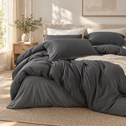 Solid Microfiber Duvet Cover Set, Dark Grey — scene
