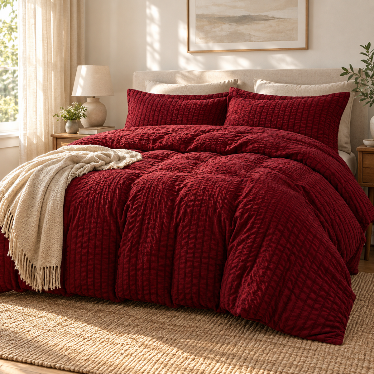 Seersucker Textured Duvet Cover Set, Wine Red — scene