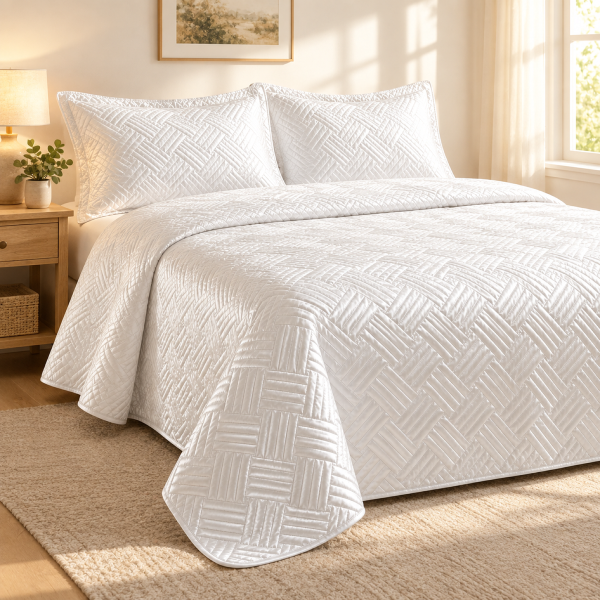 Geometric Satin Quilt Set, White — scene