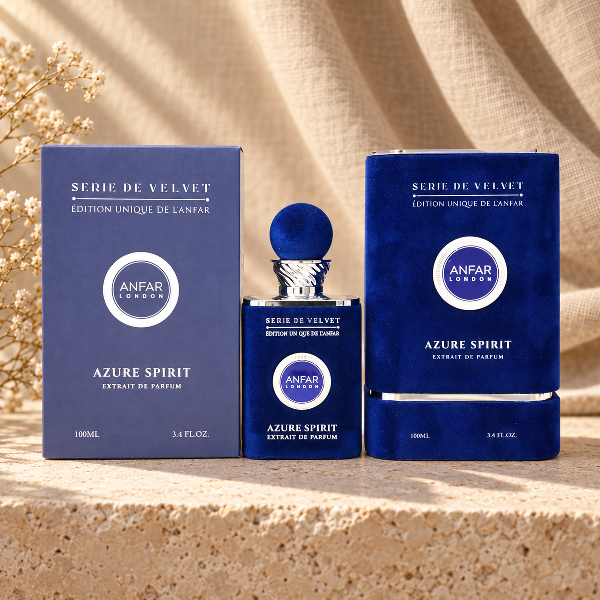 Anfar London Azure Spirit Extrait de Parfum 100 ml navy velvet bottle and slate blue box on a travertine ledge with linen backdrop