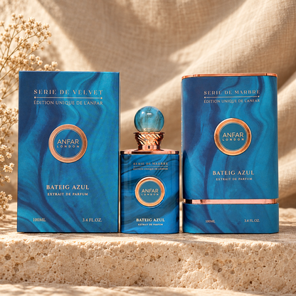 Anfar London Bateig Azul Extrait de Parfum 100 ml bottle and blue green marble box on a travertine ledge with linen backdrop