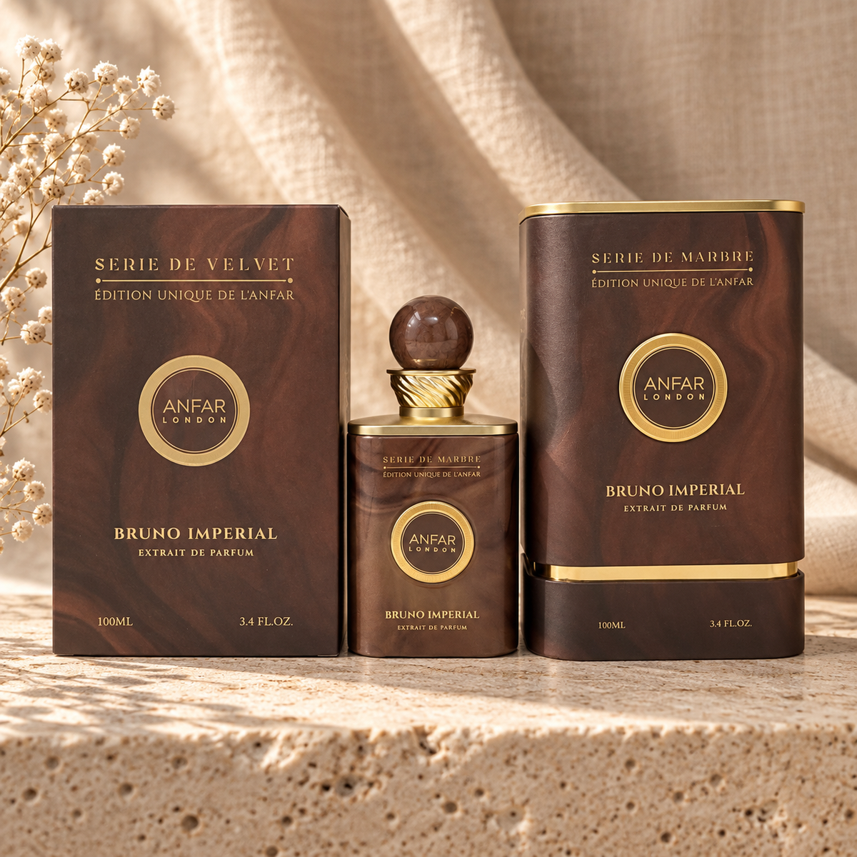 Anfar London Bruno Imperial Extrait de Parfum 100 ml bottle with brown marbled box and tube case on a travertine ledge with linen backdrop