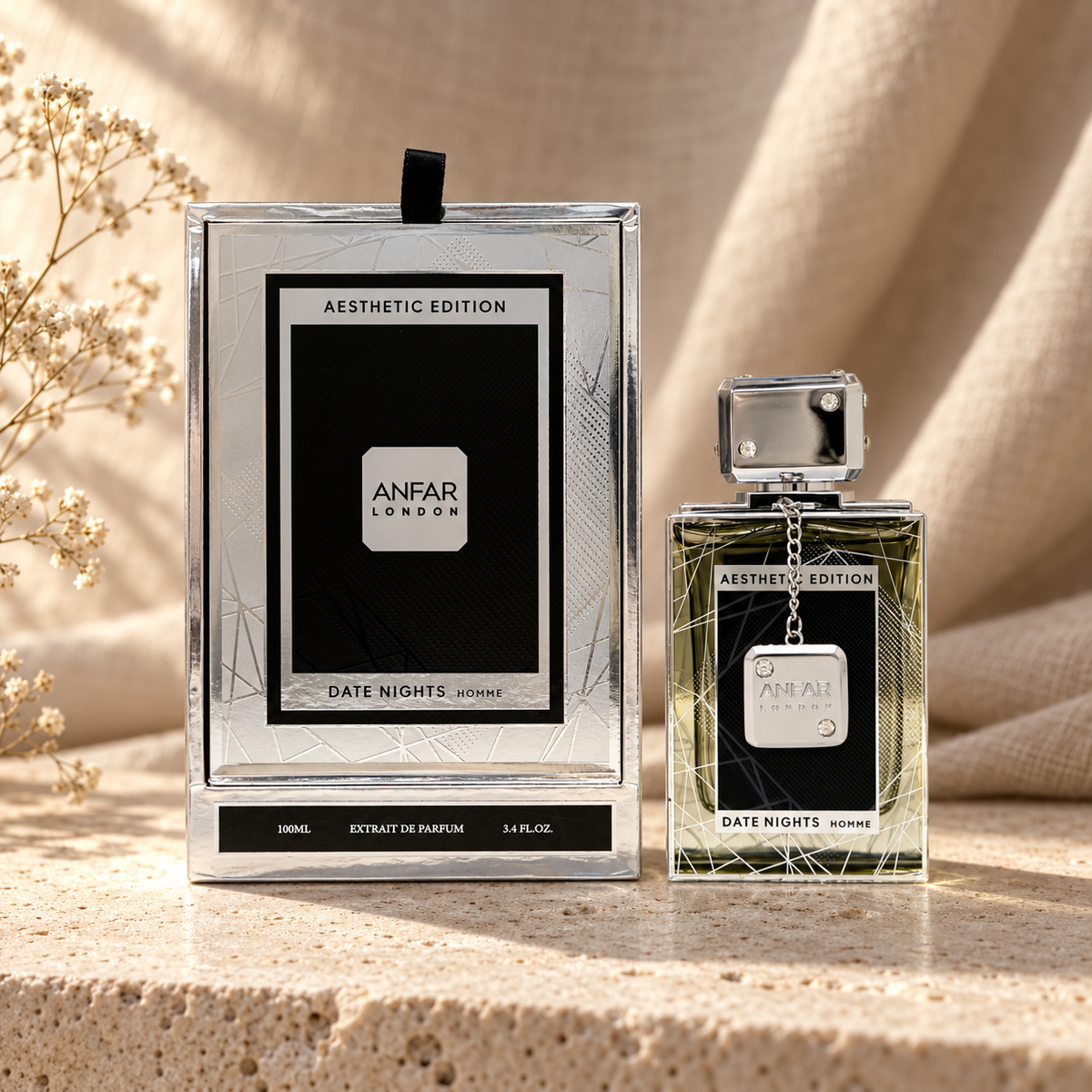 Anfar London Date Nights Pour Homme Extrait de Parfum 100 ml bottle and mirror silver box on a travertine ledge with linen backdrop