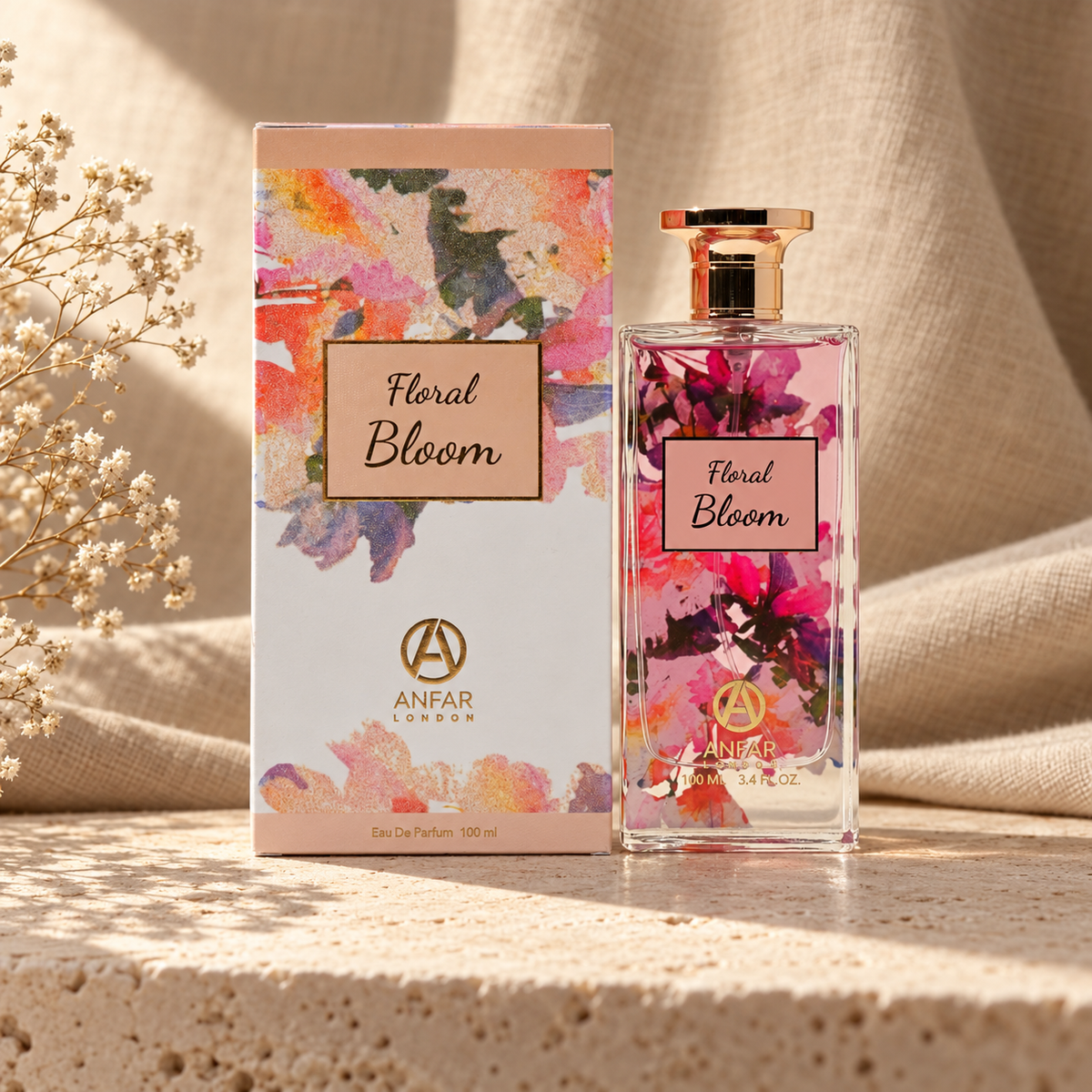 Anfar London Floral Bloom Eau de Parfum 100 ml bottle and watercolour floral printed box on a travertine ledge with linen backdrop