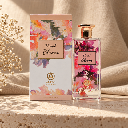 Anfar London Floral Bloom Eau de Parfum 100 ml bottle and watercolour floral printed box on a travertine ledge with linen backdrop