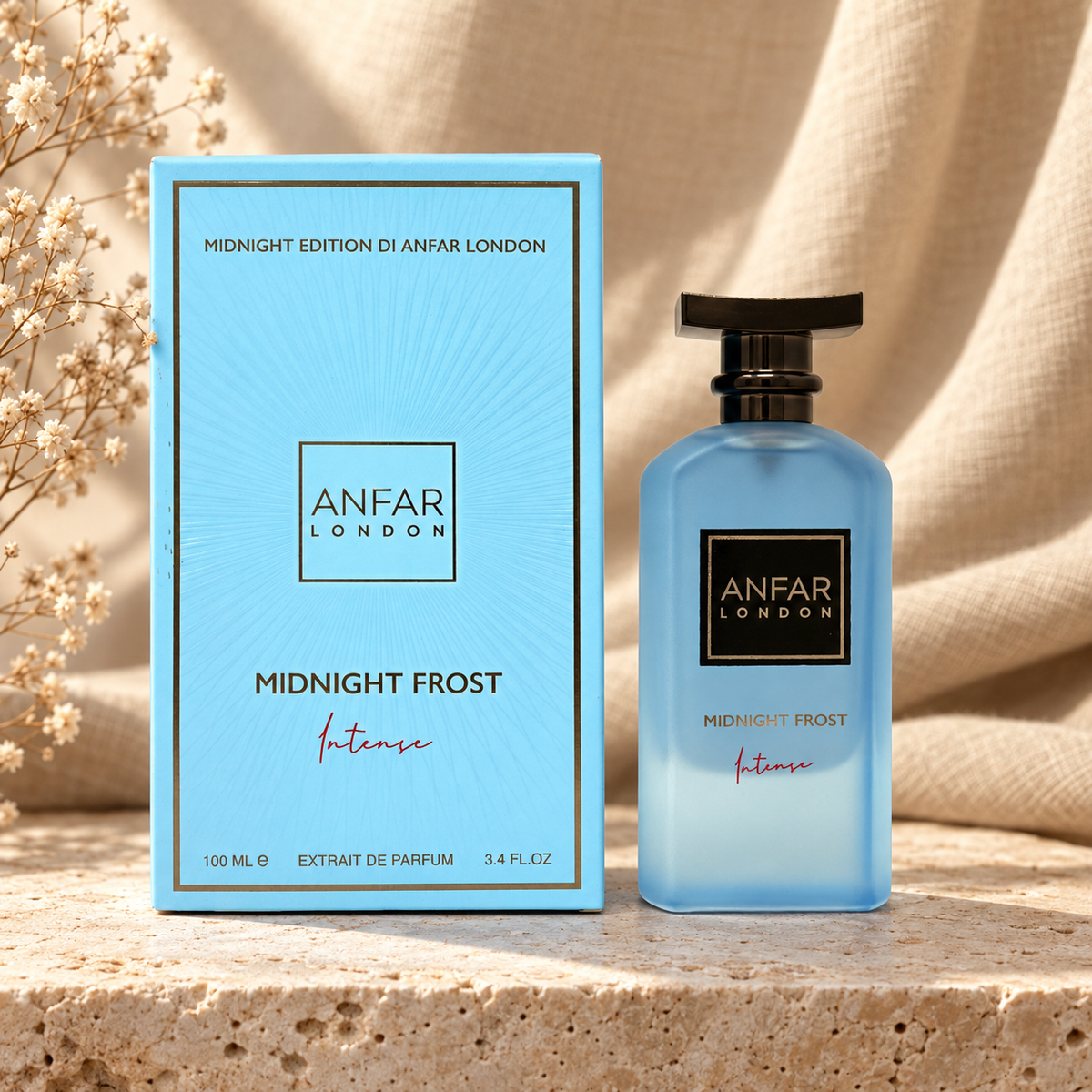 Anfar London Midnight Frost Intense Extrait de Parfum 100 ml bottle and pale blue box on a travertine ledge with linen backdrop