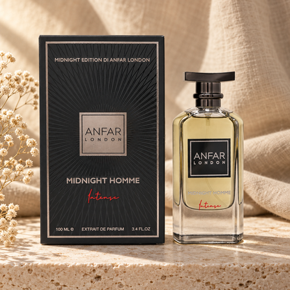 Anfar London Midnight Homme Intense Extrait de Parfum 100 ml bottle and black sunburst-embossed box on a travertine ledge with linen backdrop
