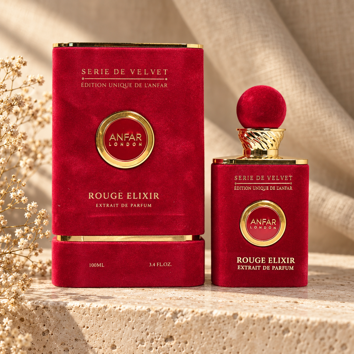Anfar London Rouge Elixir Extrait de Parfum 100 ml bottle and crimson velvet case on a travertine ledge with linen backdrop