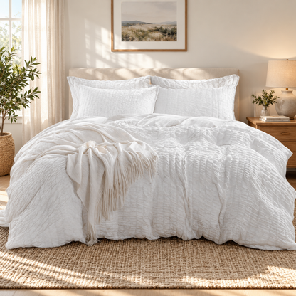 Seersucker Textured Duvet Cover Set, White — scene