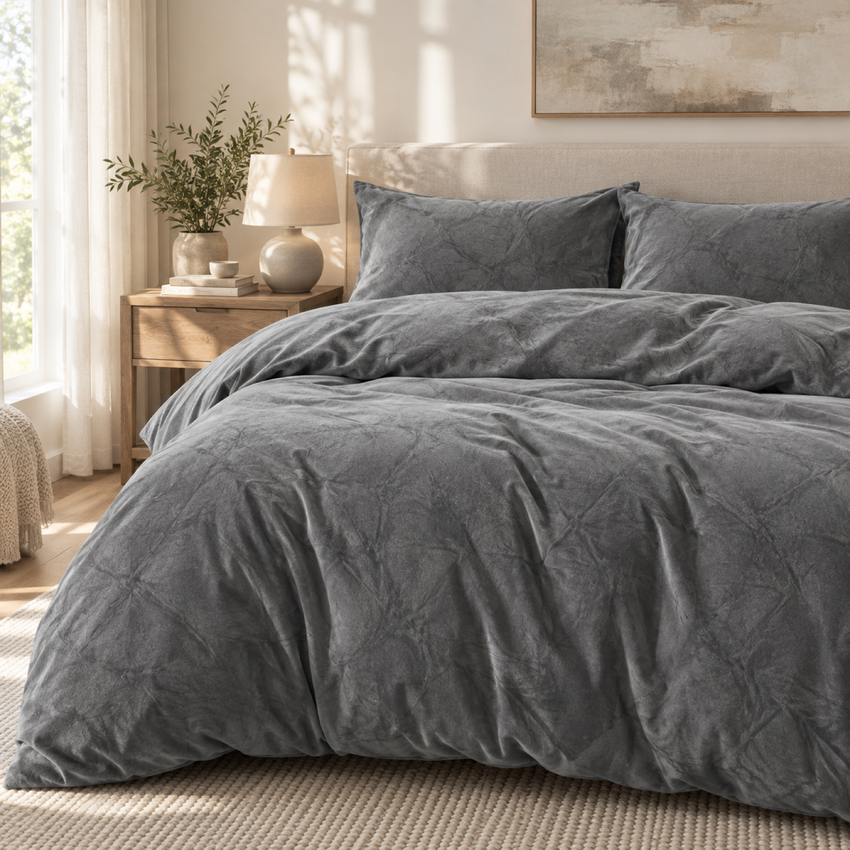 Velvet 3-Piece Duvet Cover Set, Smoke Grey — scene