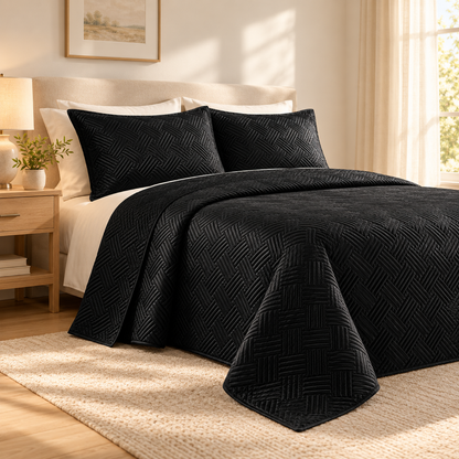 Geometric Satin Quilt Set, Black — scene