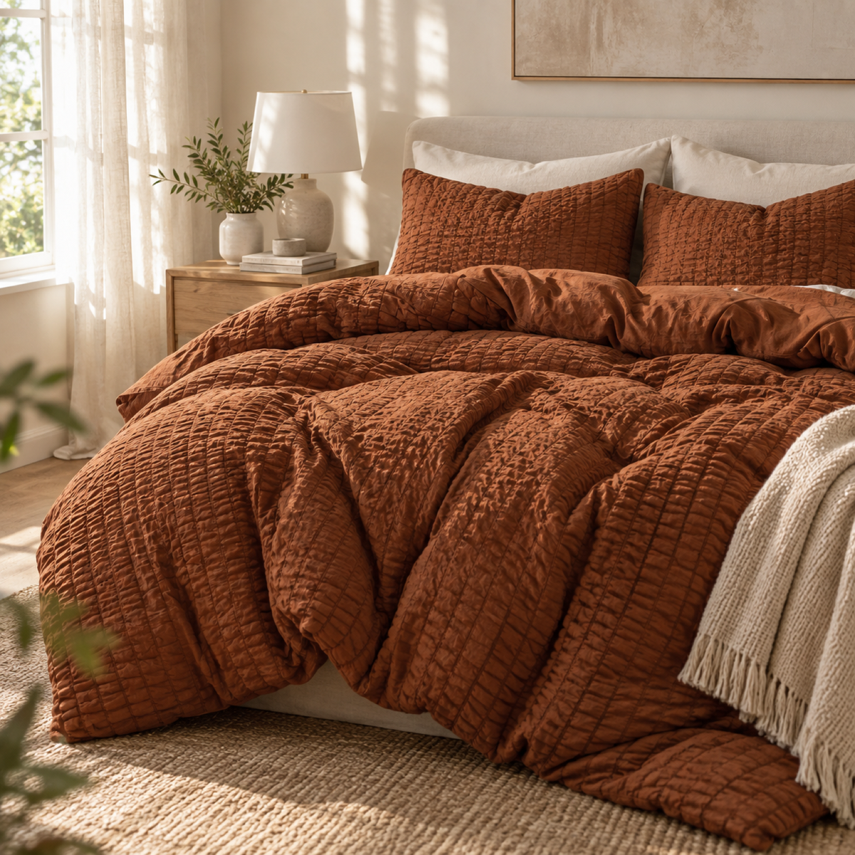 Seersucker Textured Duvet Cover Set, Rust Brown — scene