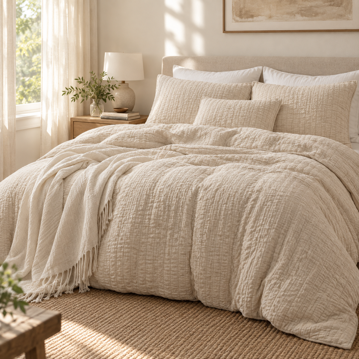 Seersucker Textured Duvet Cover Set, Champagne Beige — scene