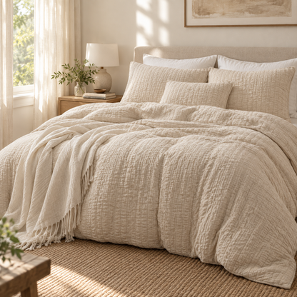 Seersucker Textured Duvet Cover Set, Champagne Beige — scene