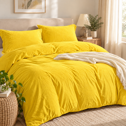 Velvet 3-Piece Duvet Cover Set, Yellow — scene