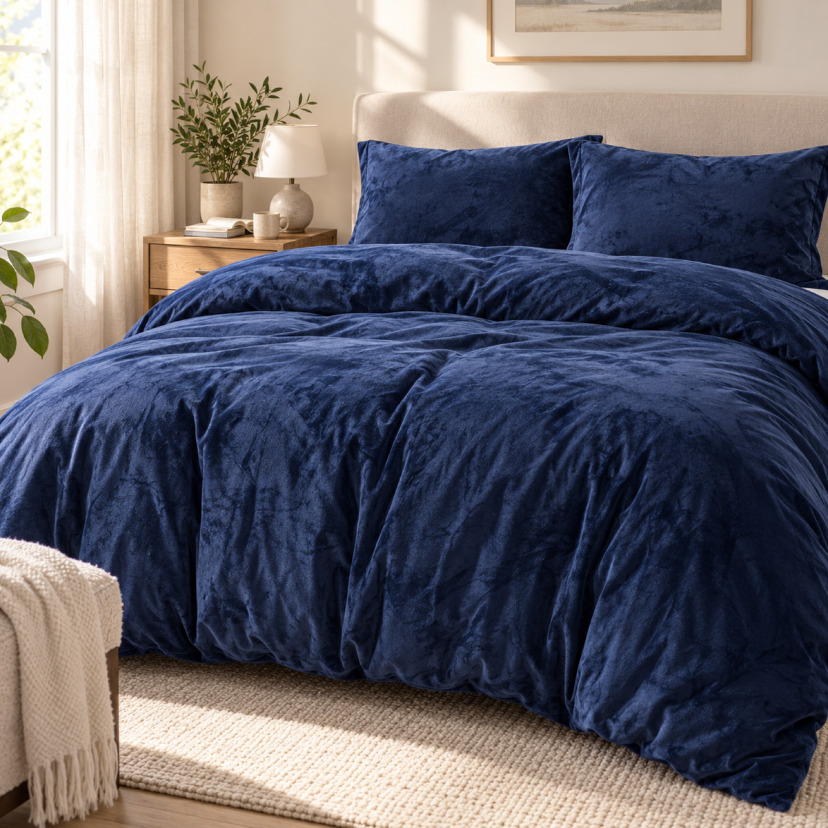 Velvet 3-Piece Duvet Cover Set, Navy Blue — scene