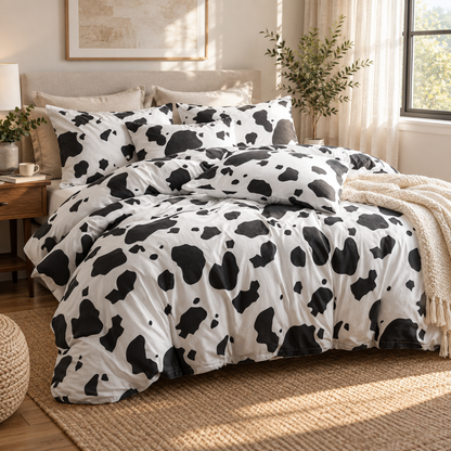 Cow Print Microfiber Duvet Cover Set, Black & White — scene