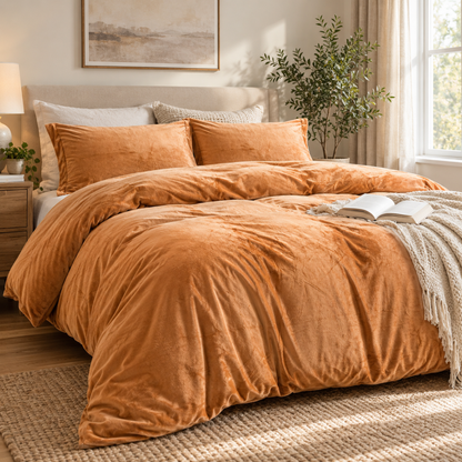 Velvet 3-Piece Duvet Cover Set, Camel — scene