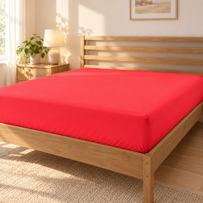 Deep Pocket Microfiber Fitted Sheet, Coral Red — scene