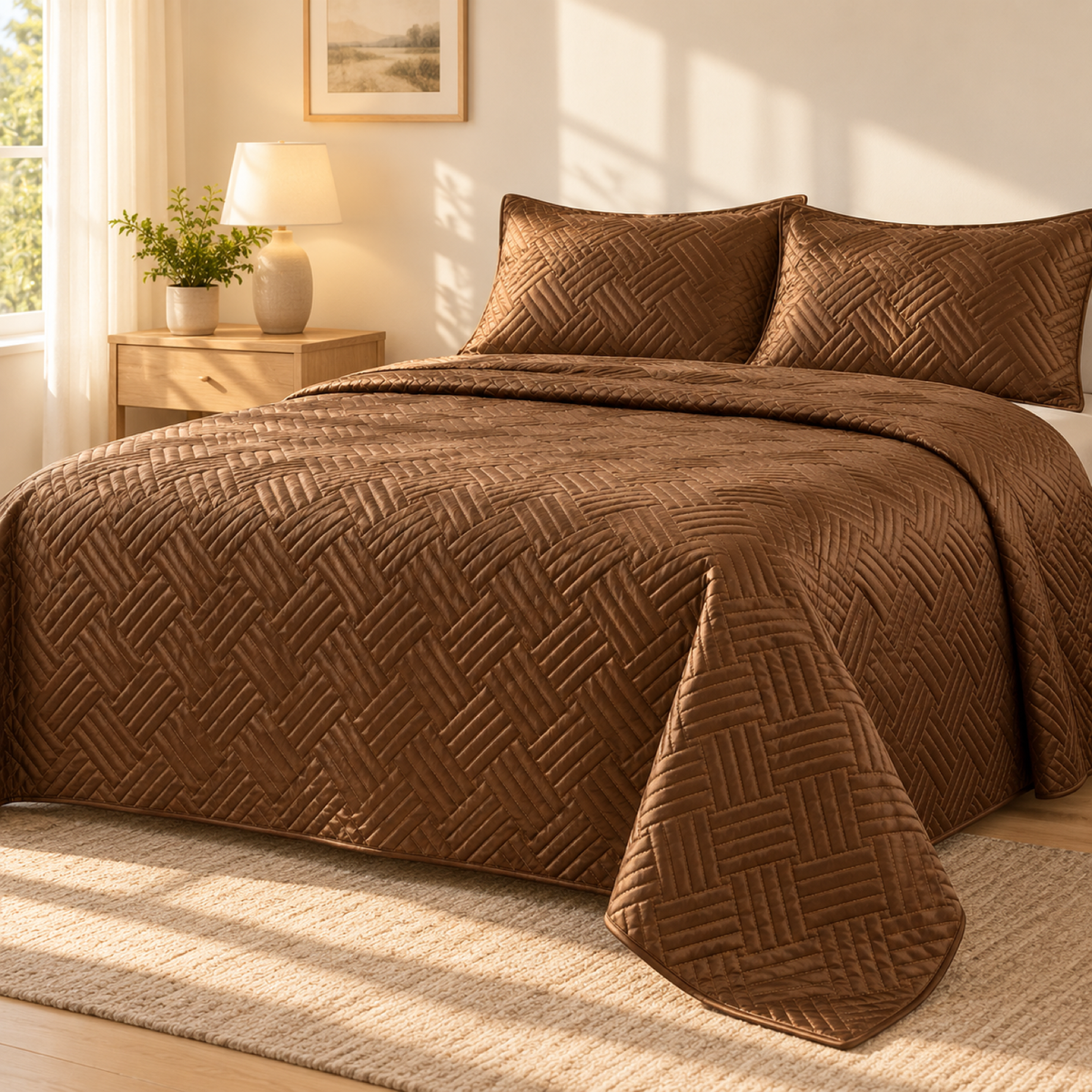 Geometric Satin Quilt Set, Coffee Brown — scene