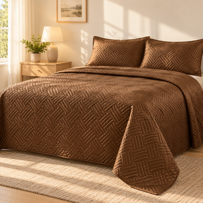Geometric Satin Quilt Set, Coffee Brown — scene