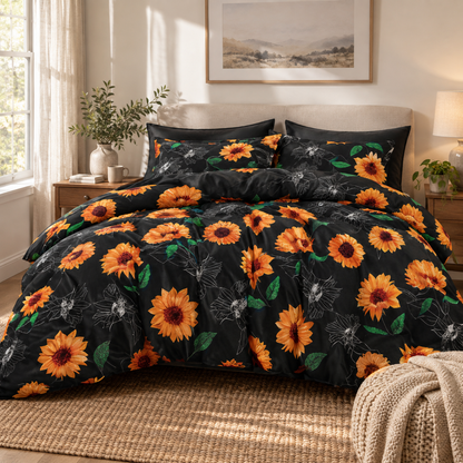 Sunflower Microfiber Duvet Cover Set, Black — scene