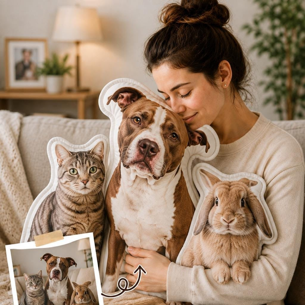 Your photo is the pattern - handmade shaped pillows of a cat, dog and rabbit