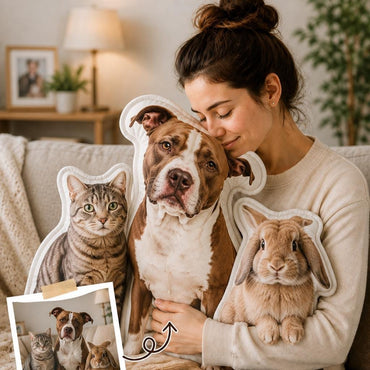 Your photo is the pattern - handmade shaped pillows of a cat, dog and rabbit