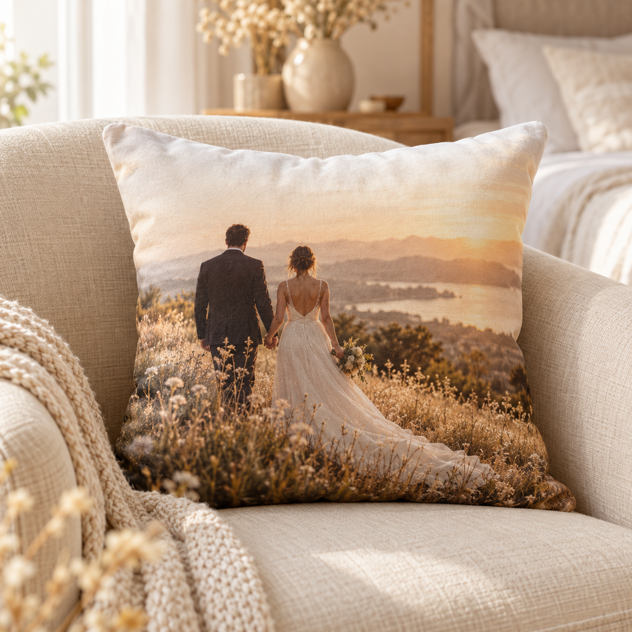 Custom wedding photo pillow on a linen armchair, printed with a sunset photo of a bride and groom
